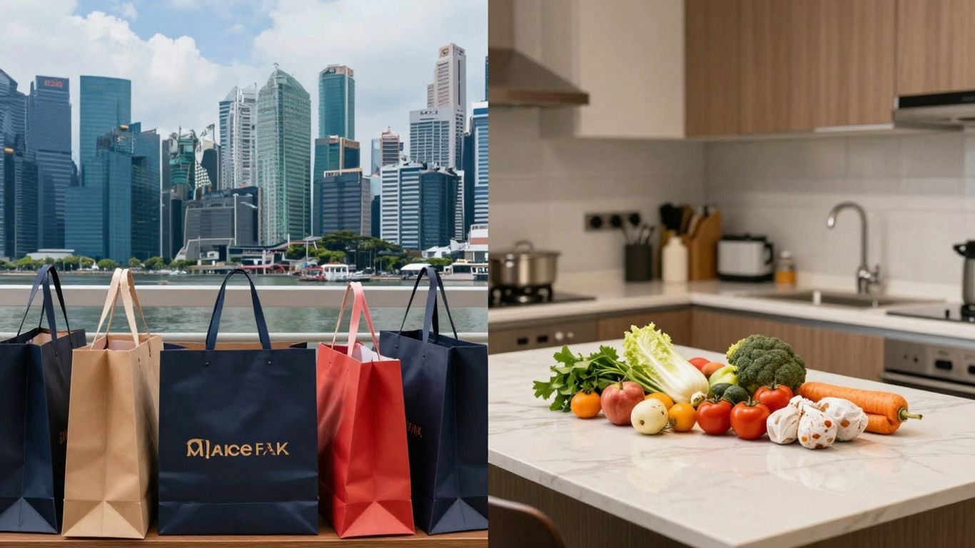 Singapore skyline and basic groceries on a table.