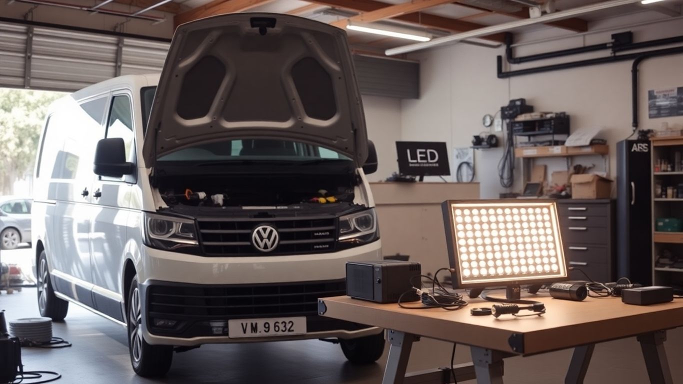 VW Transporter van with electrical parts in garage