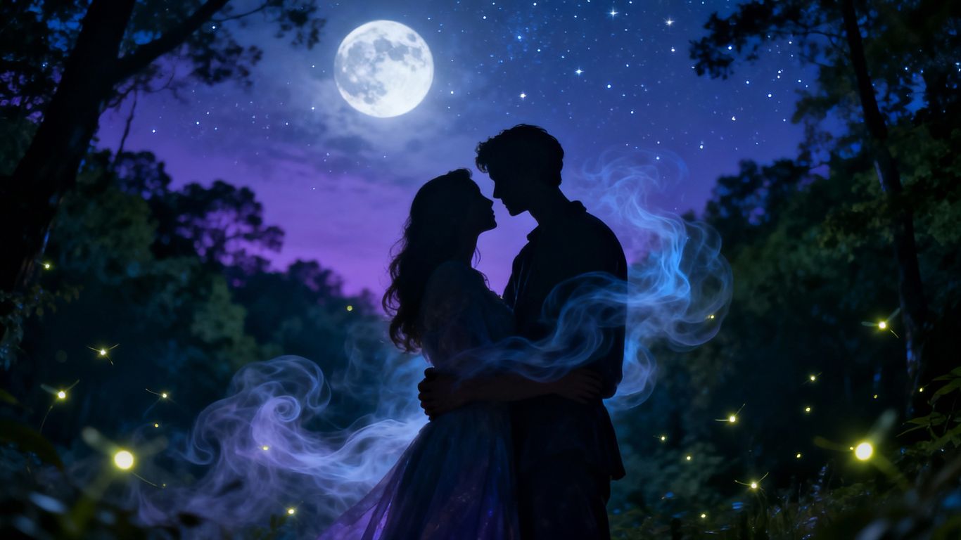 Couple embracing in a mystical, moonlit forest.