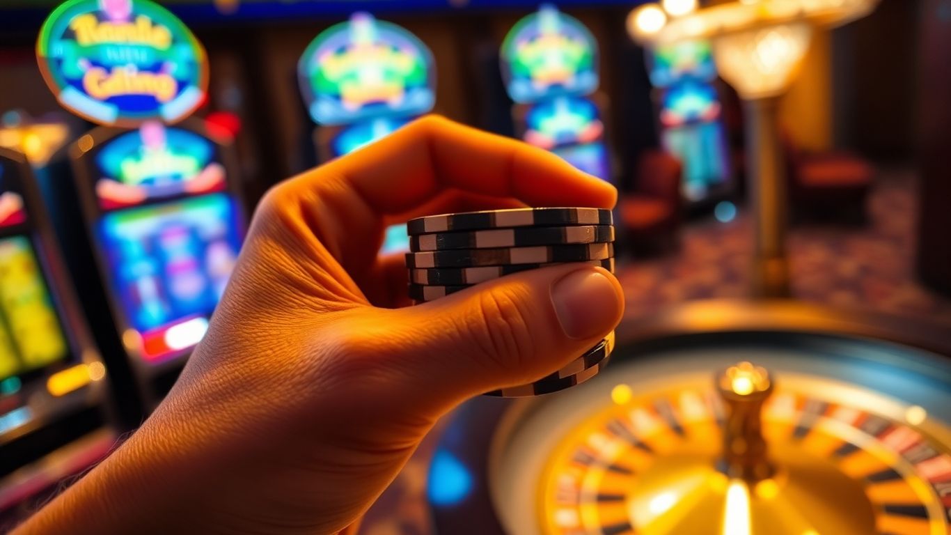 Casino chips and blurred casino background.