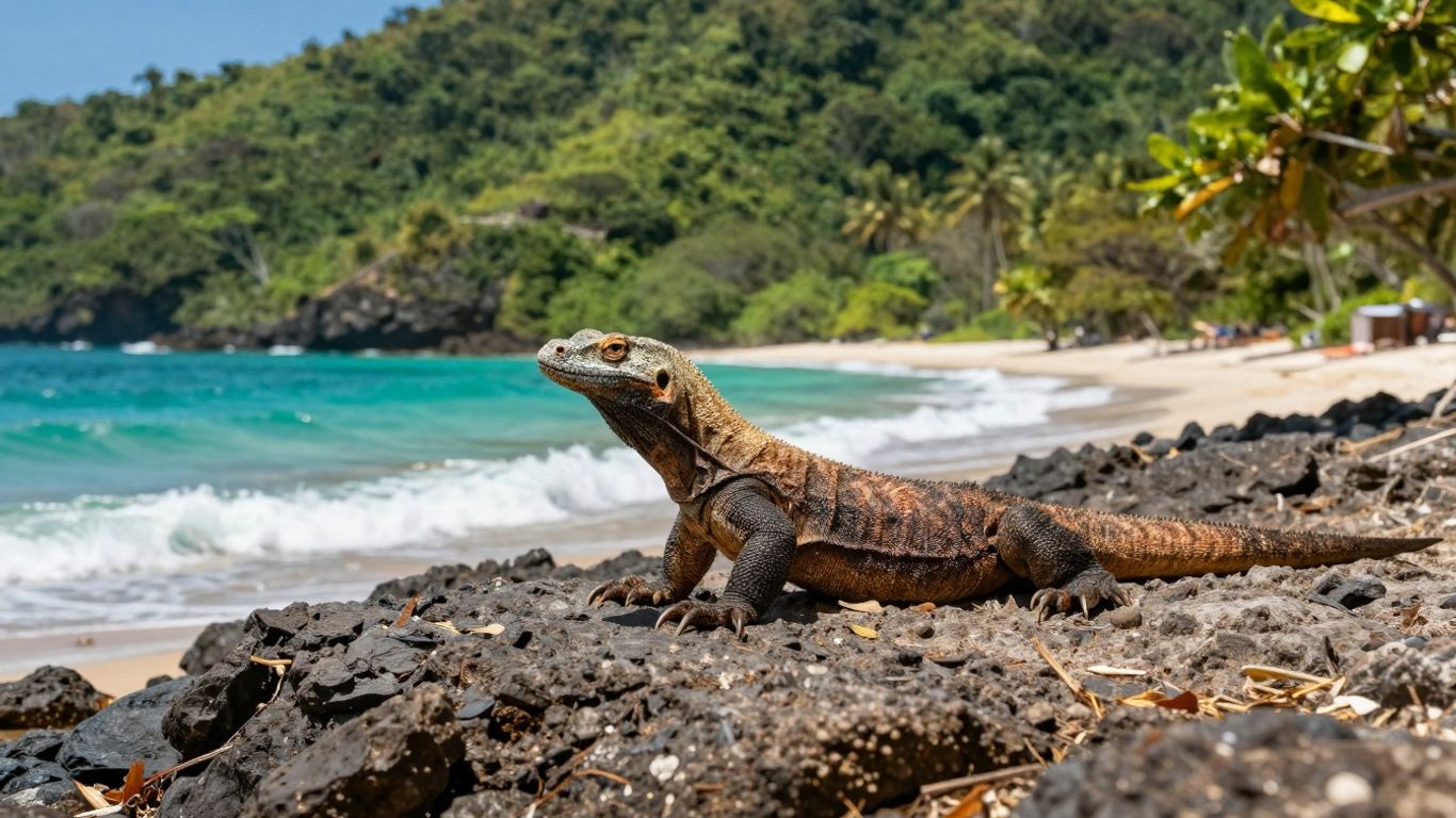 Komodo dragon on a rocky island with turquoise water.