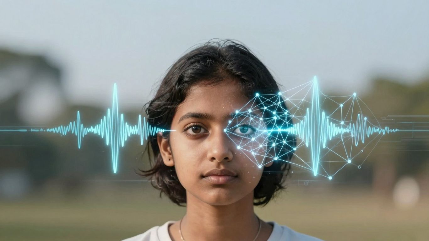 Futuristic AI interface with voice and vision elements.