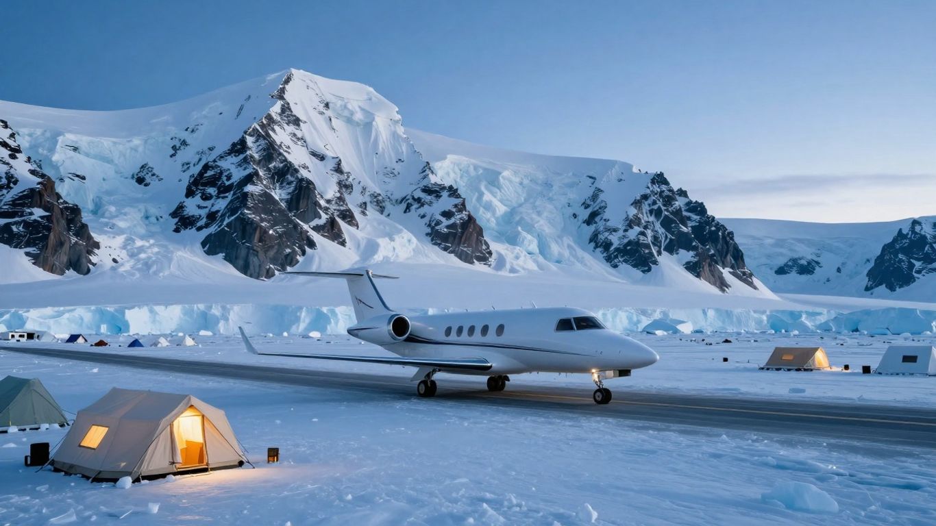 Private jet on blue-ice runway in Antarctica near camp.