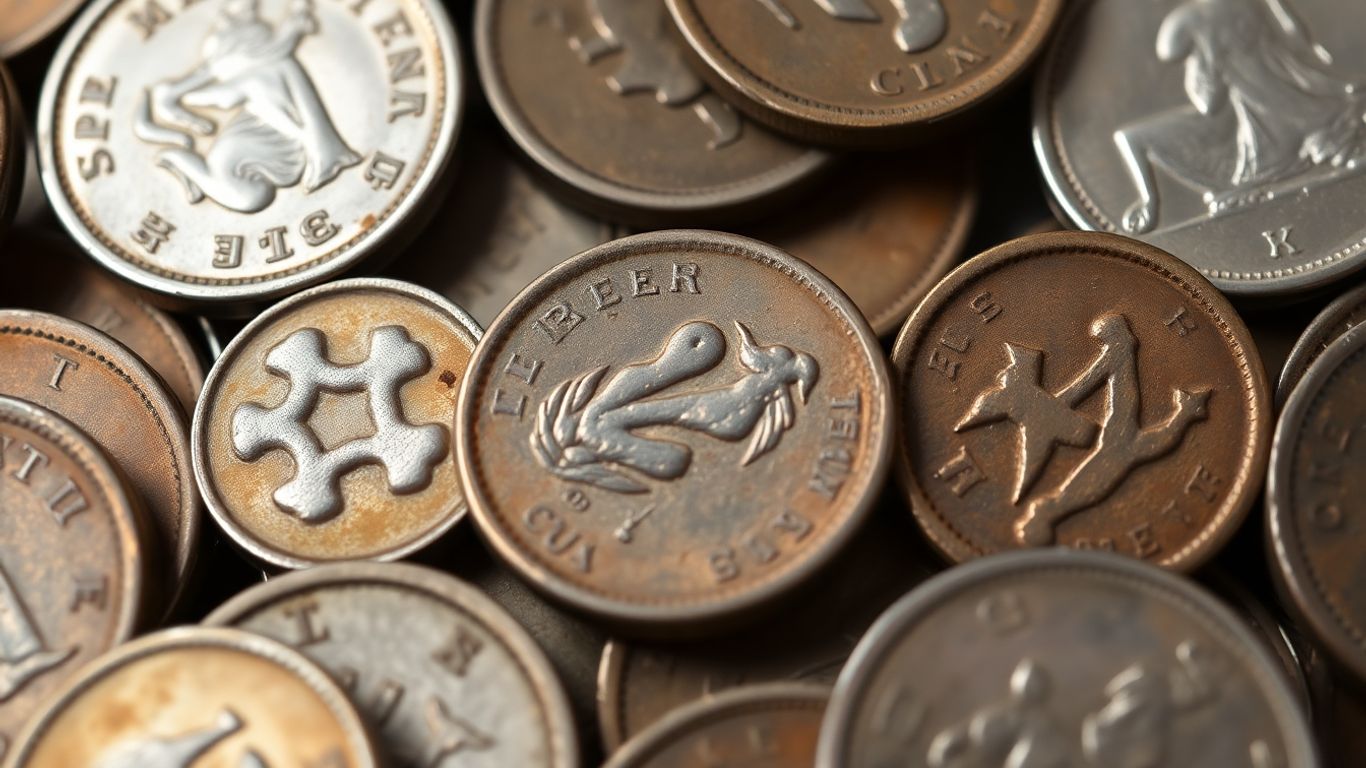 Various circulated coins with different wear levels.