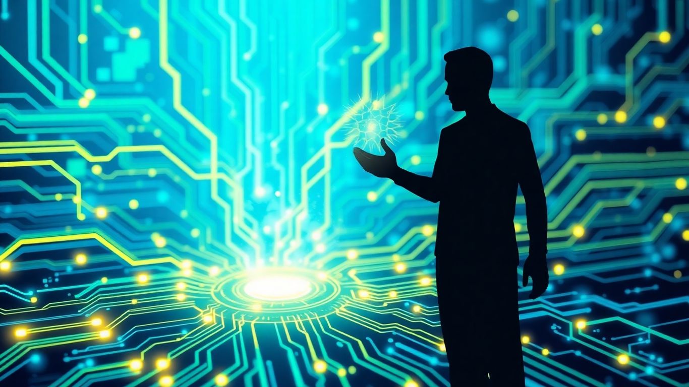 AI automation infographic with human silhouette and data streams.