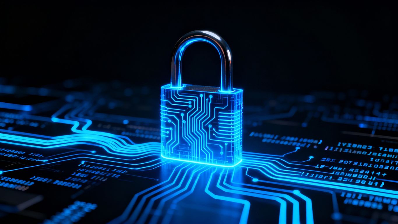 Cybersecurity training padlock with digital circuits and code.