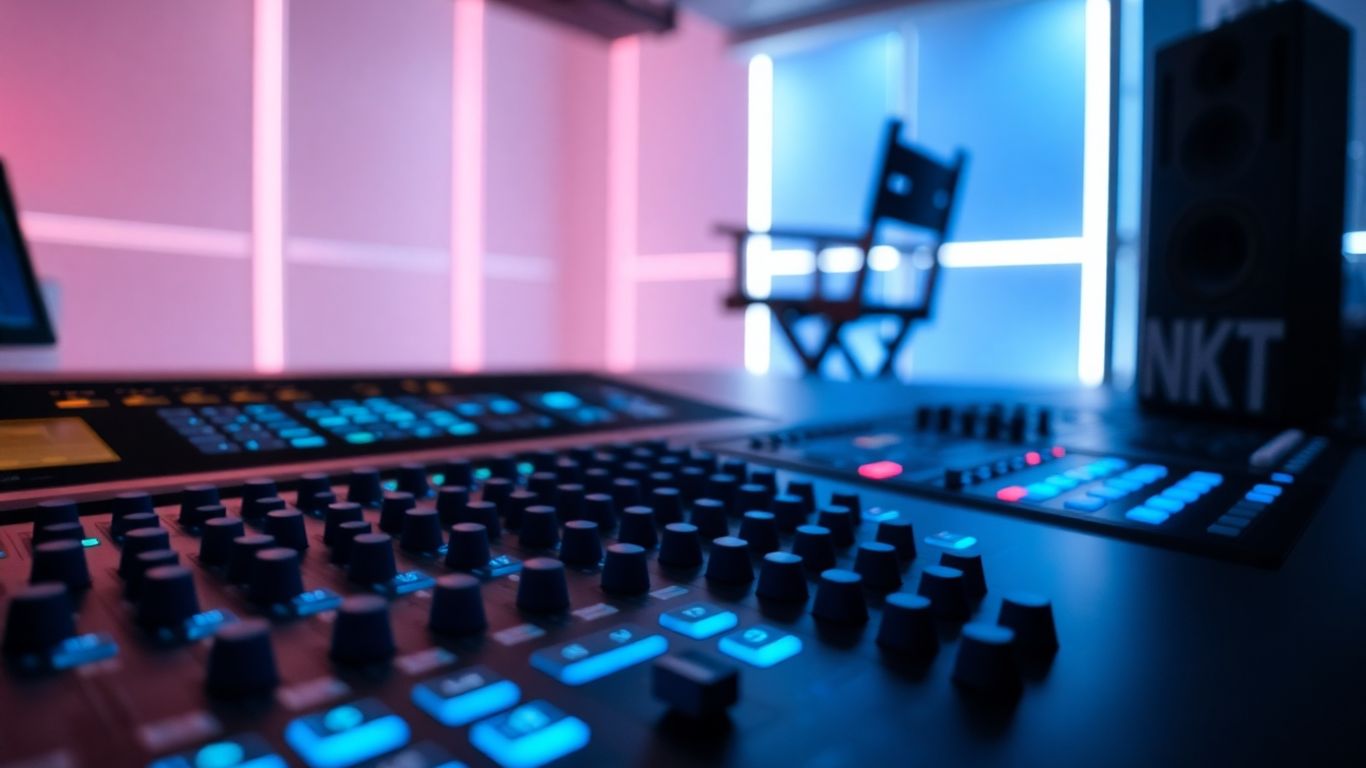 AI audio mixing console with cinematic production elements.
