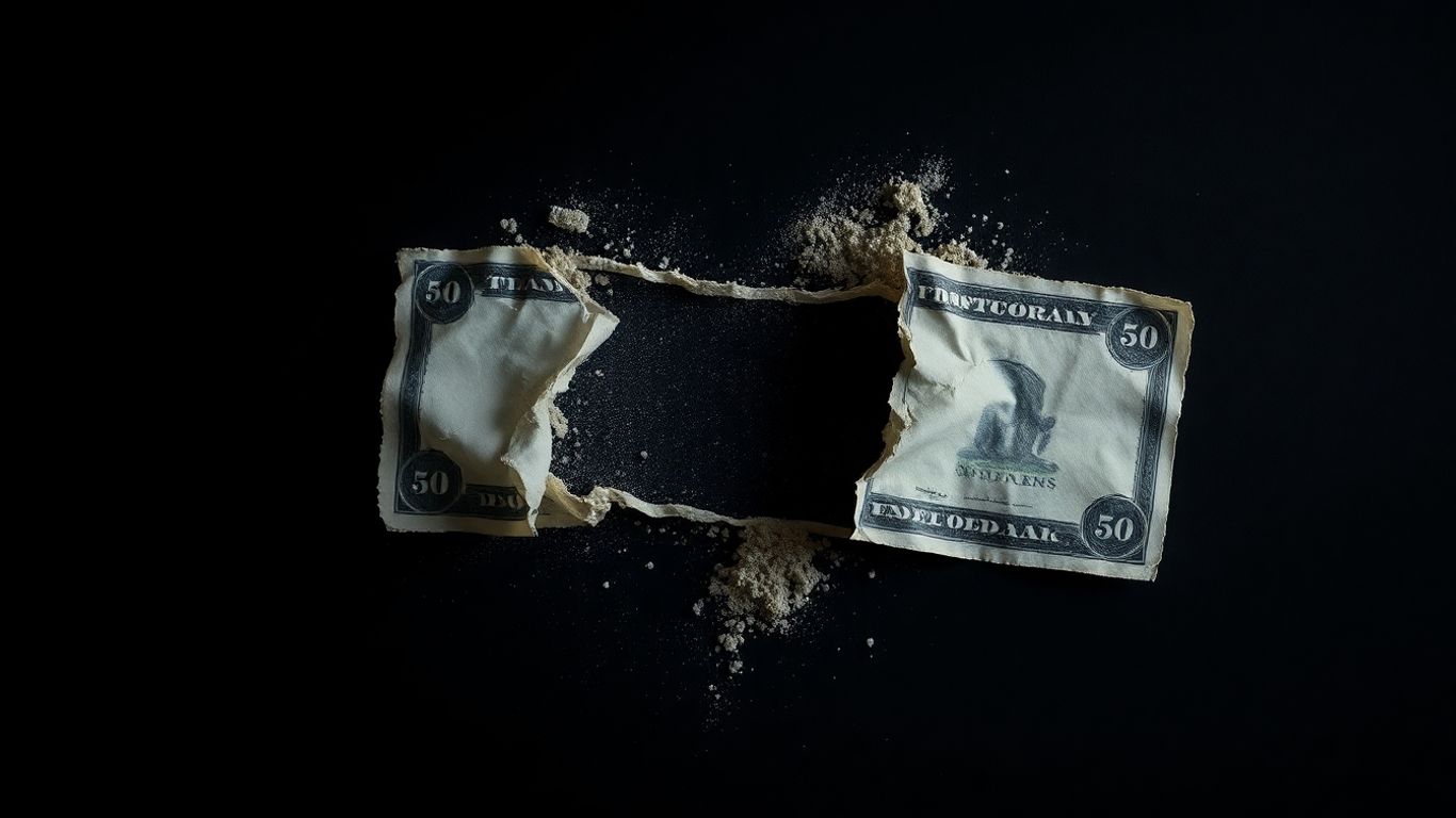 Crumbling fiat currency bill turning to dust.
