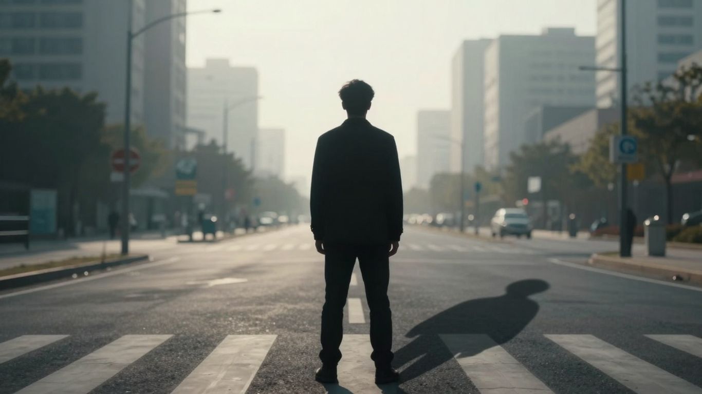 Person at a crossroads, one path bright, one shadowed.