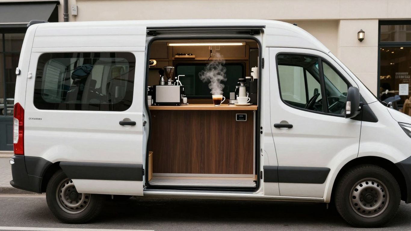 Aixam Mega 600D coffee van on a sunny street.