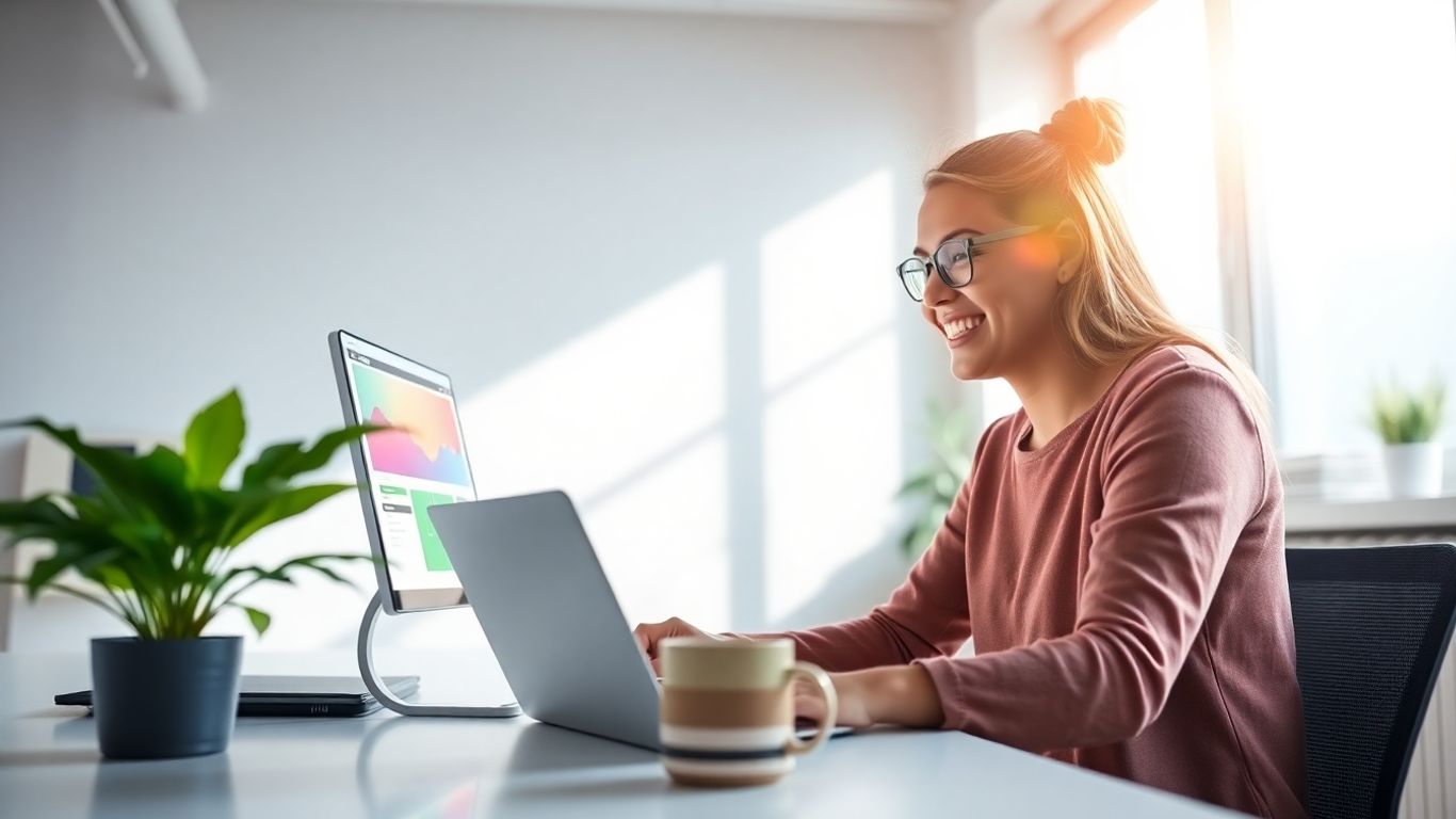 A woman with glasses works on Leader CRM