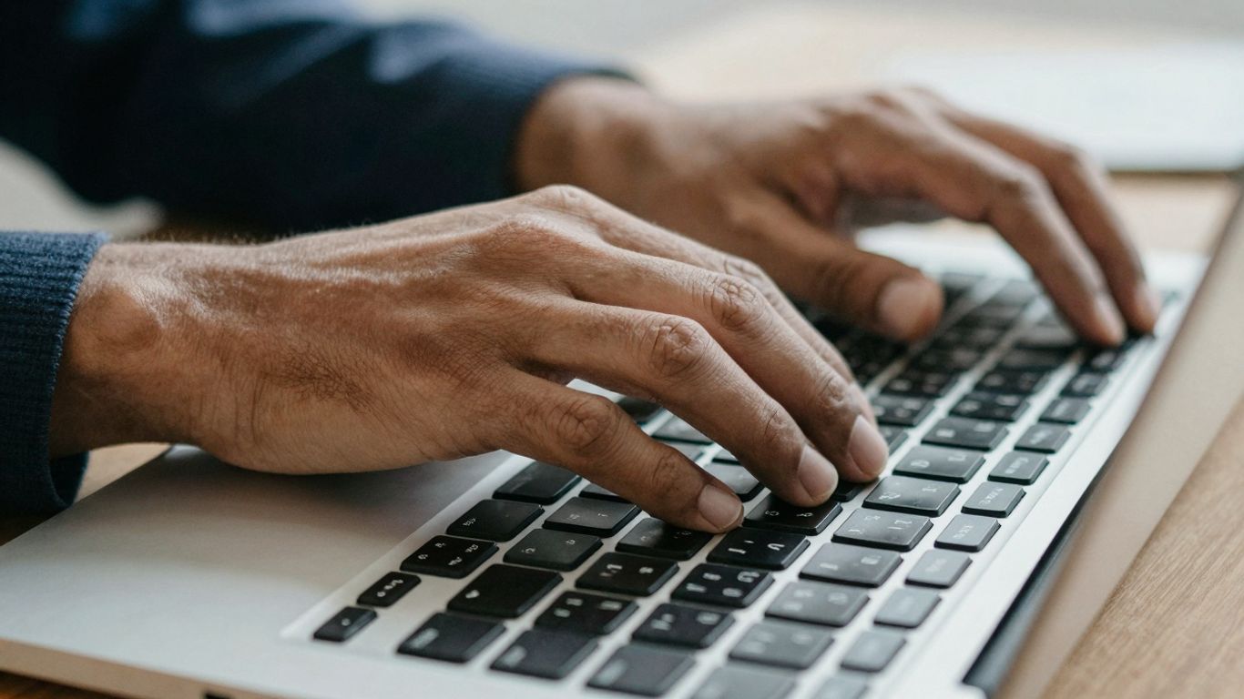 Hands typing on a laptop keyboard.