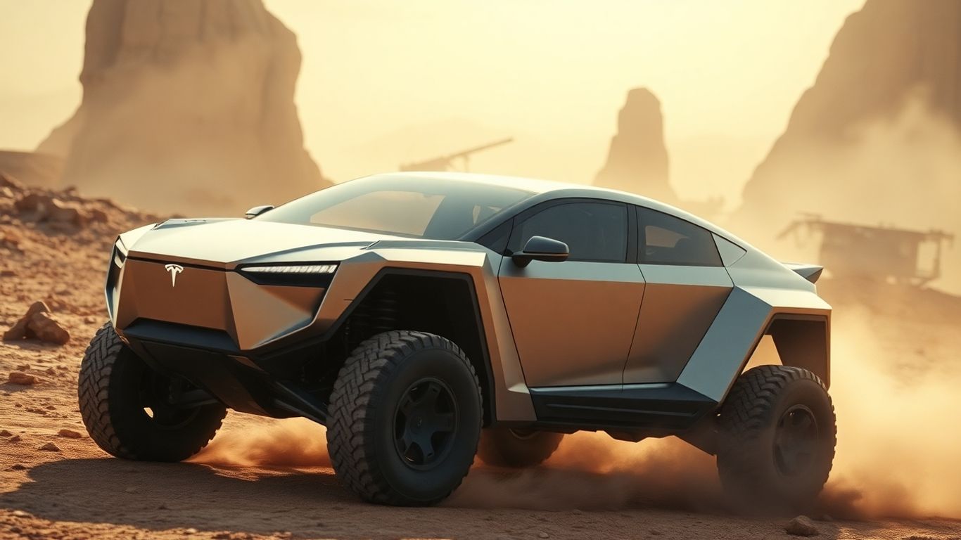 Tesla Cybertruck in a Mad Max-style desert landscape.