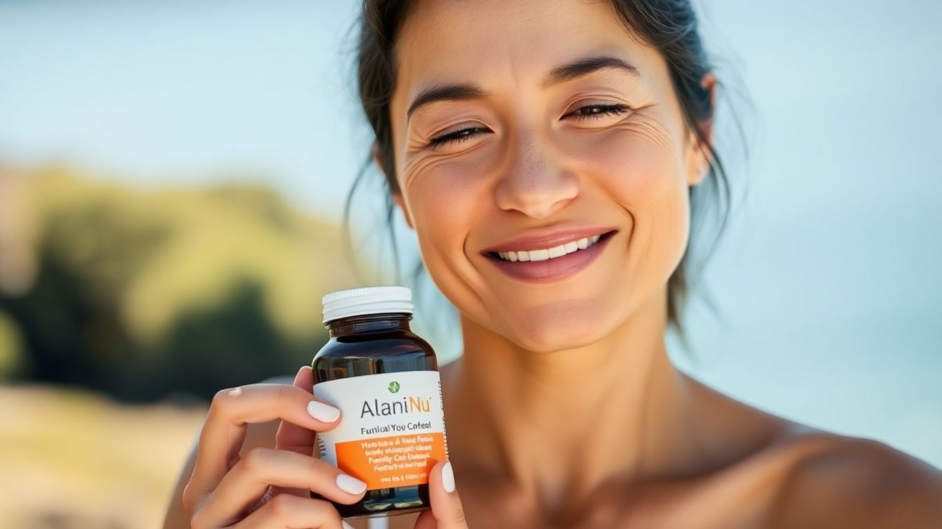 Woman holding Alani Nu bottle, looking balanced and well.