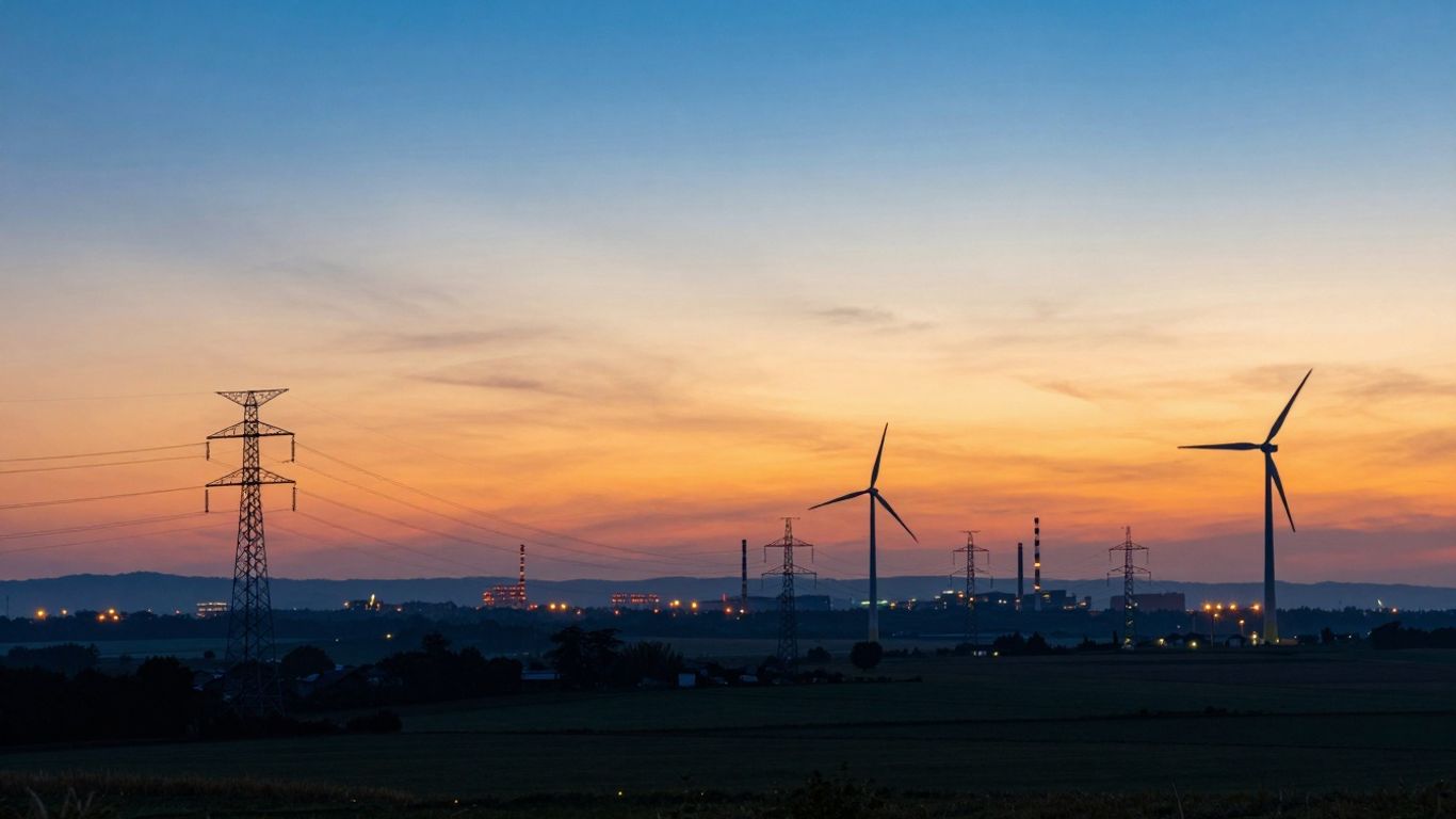 European power grid with glowing lines and turbines.