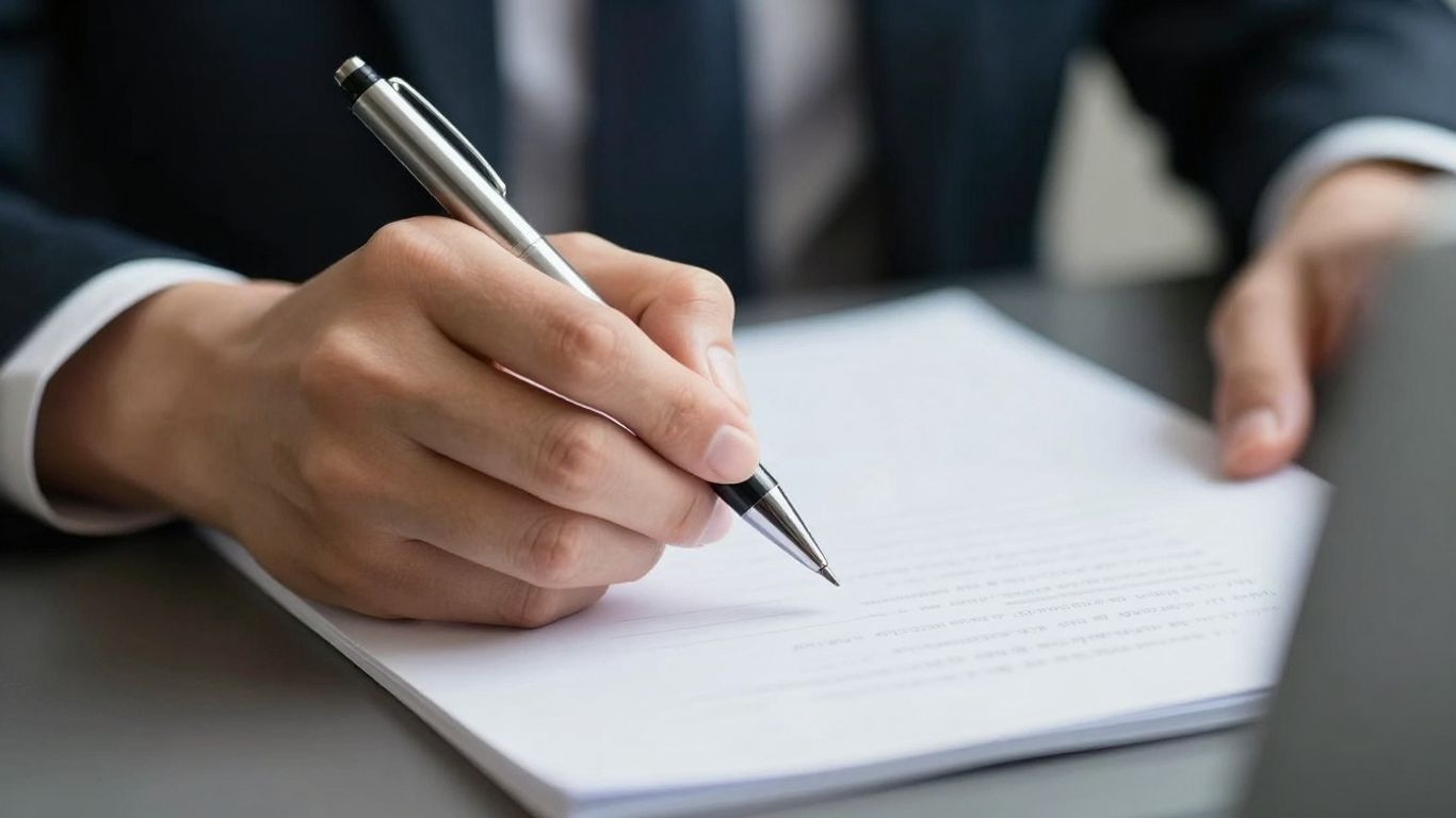 Hand met pen boven een brief, klaar om te schrijven.