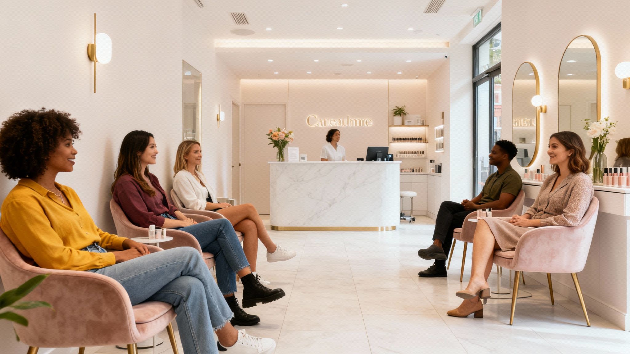 UK beauty salon reception with diverse people waiting.