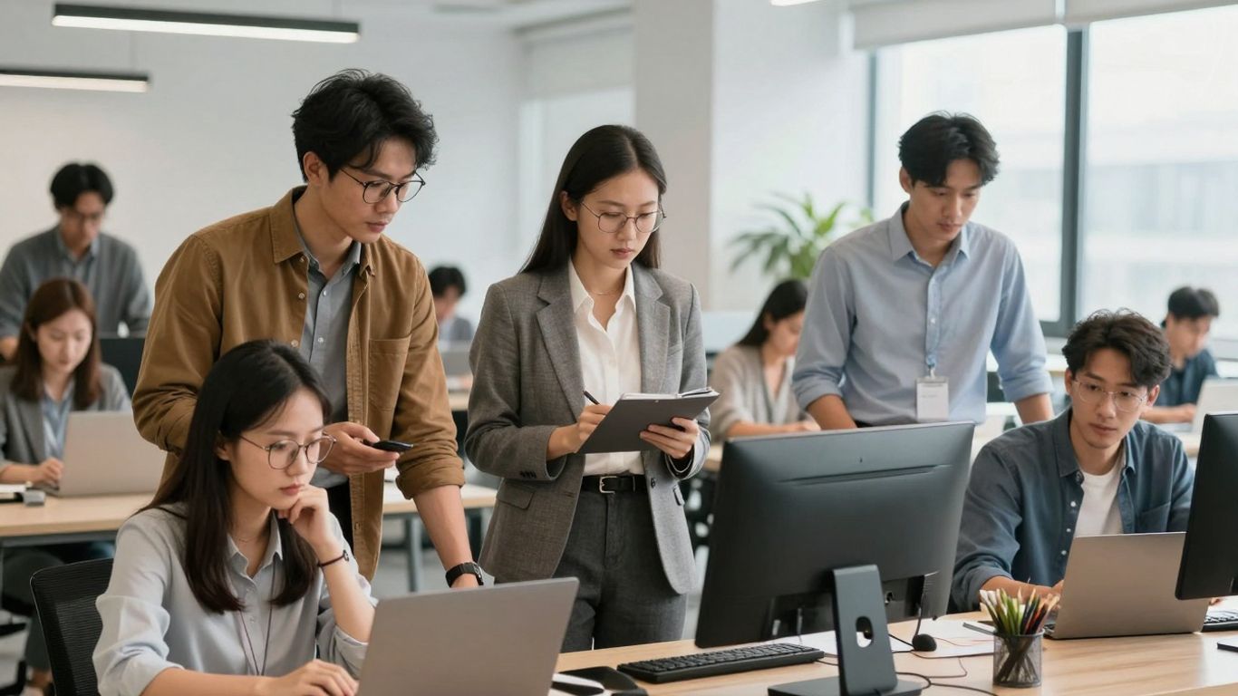 Angajați în medii de lucru moderne, colaborând și adaptându-se.