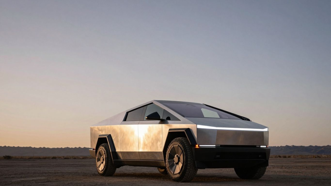 Tesla Cybertruck on a dusty landscape.