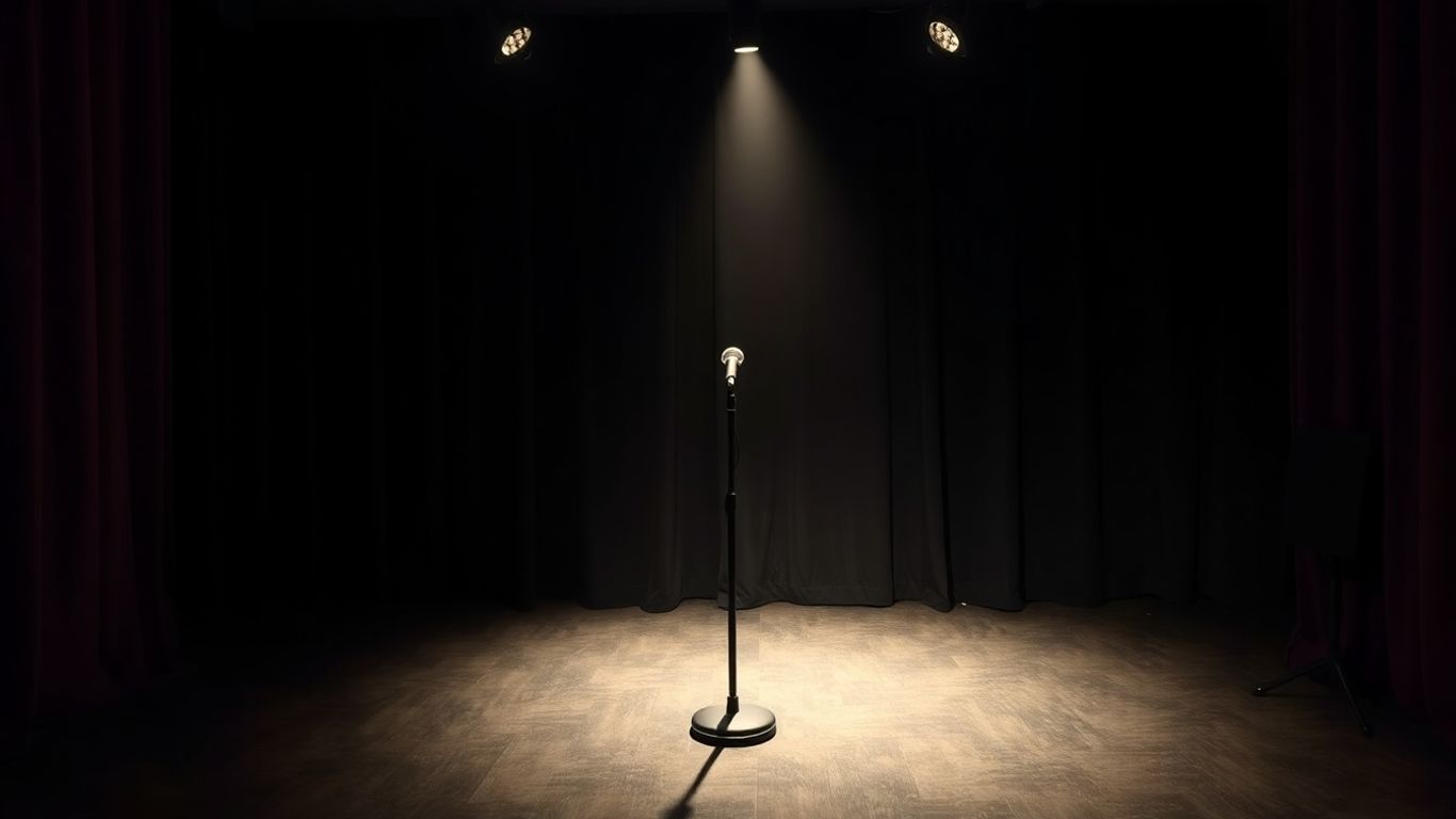Empty comedy stage with spotlight and microphone.