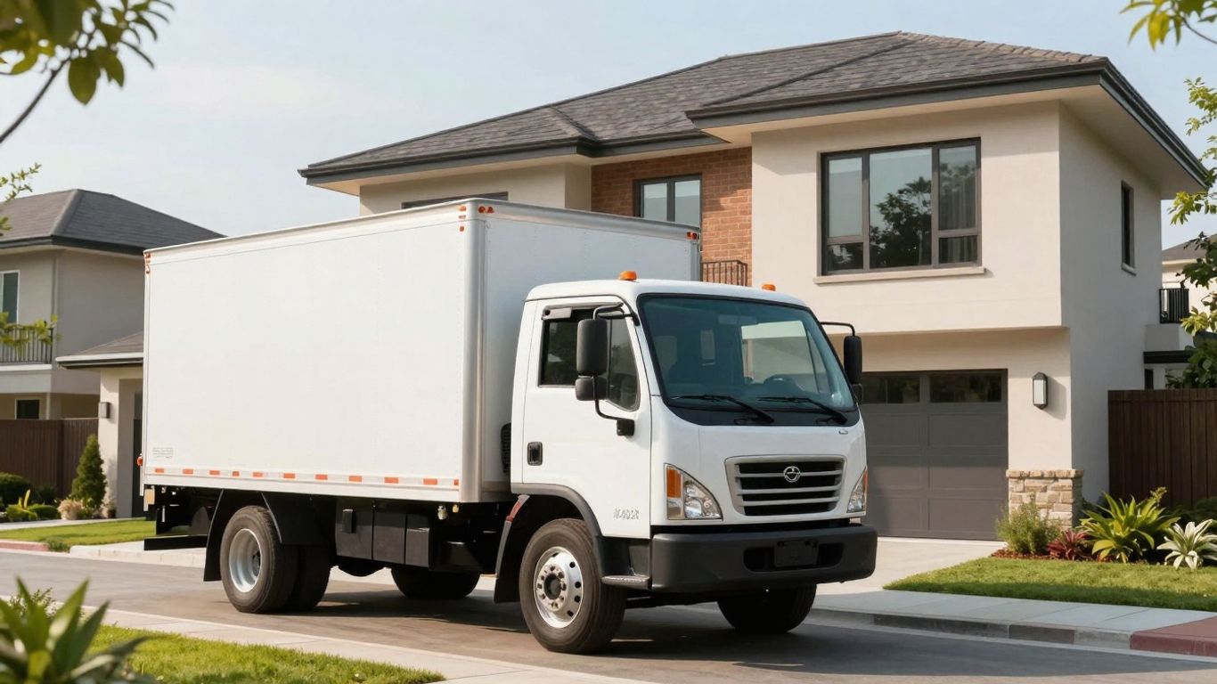 Contractor truck outside a house, bright sunlight.