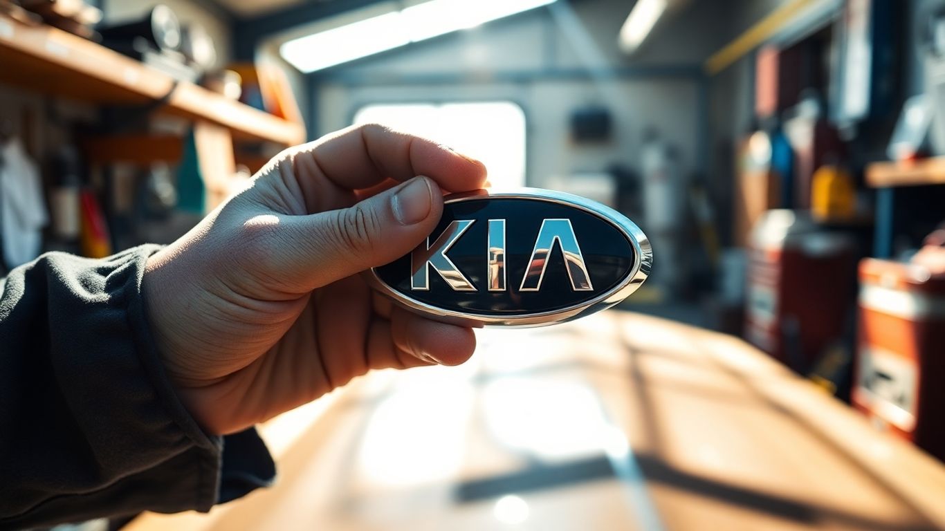 Rare Kia emblem held by mechanic's hands in workshop.