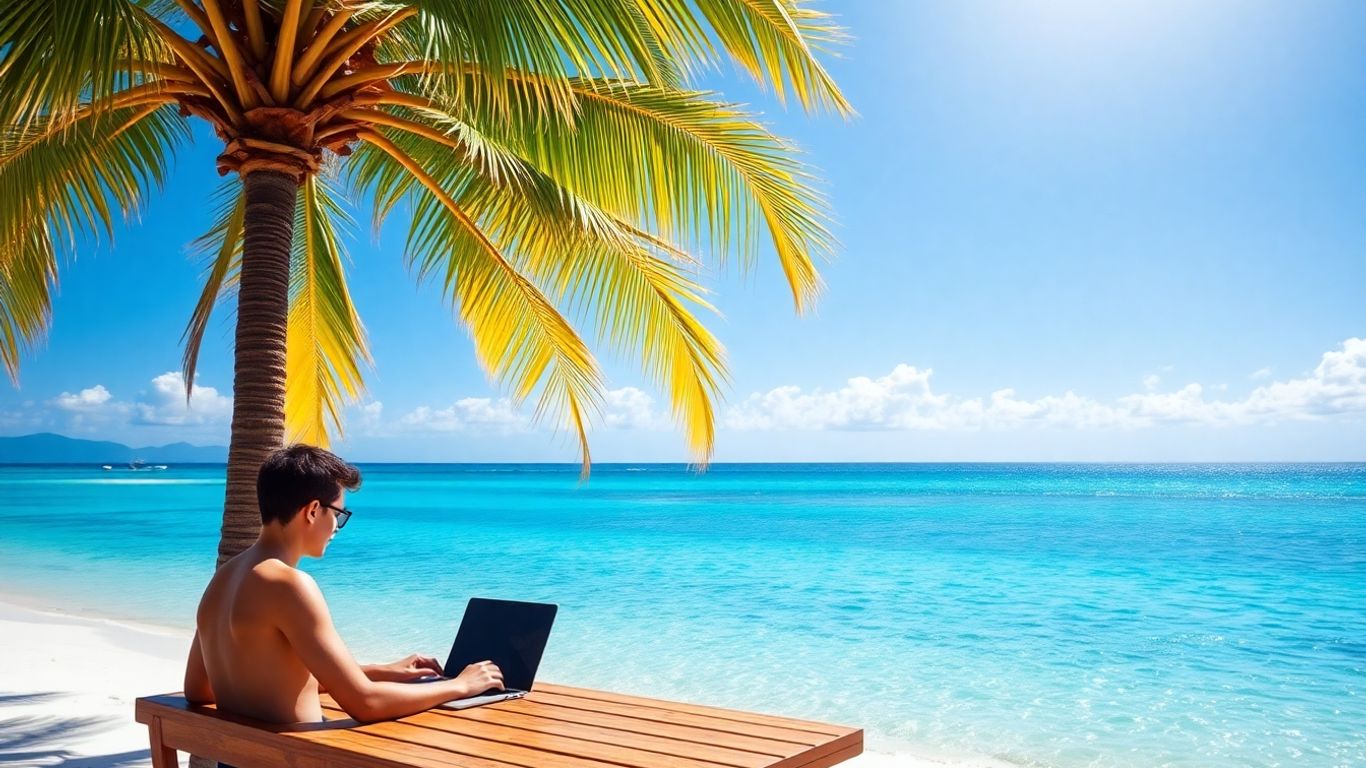Nomad digital lucrând pe o plajă tropicală.