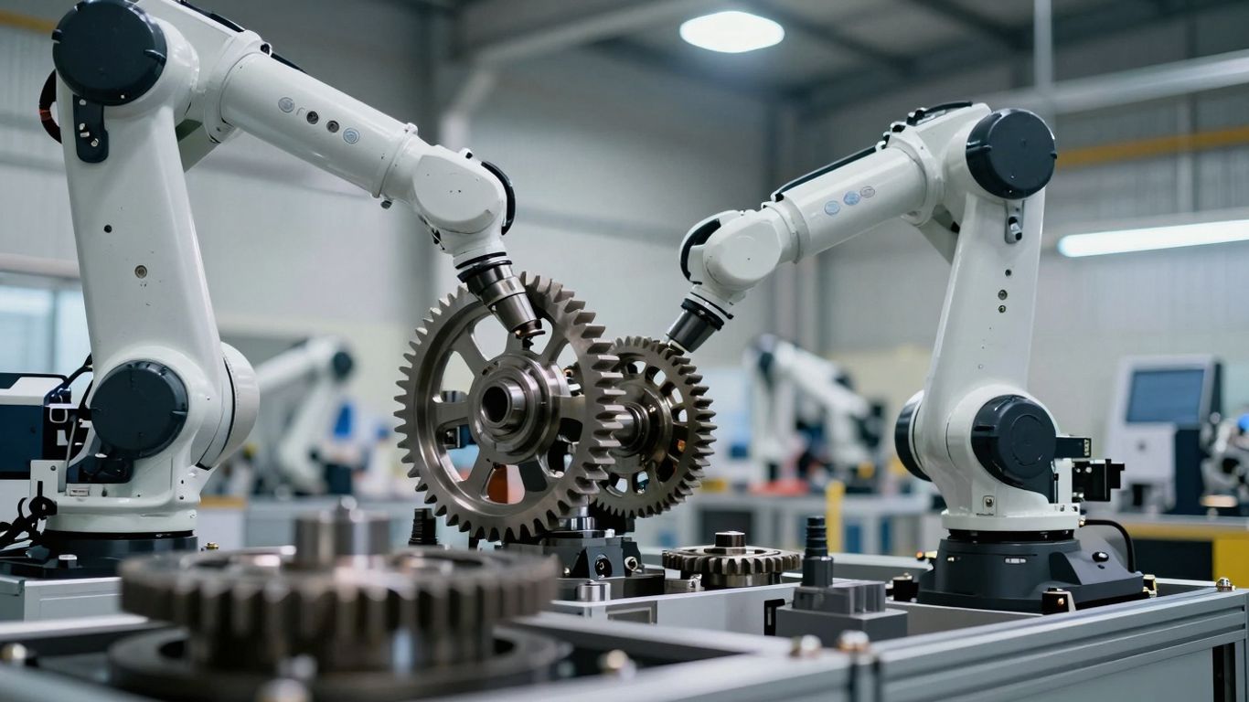 Manufacturing facility with gears and robotic arms.