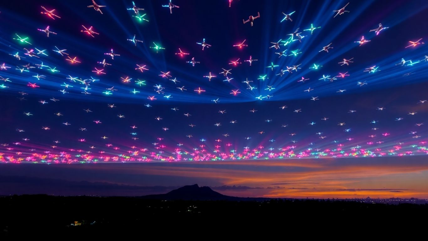 Pertunjukan drone warna-warni di langit malam Bali.