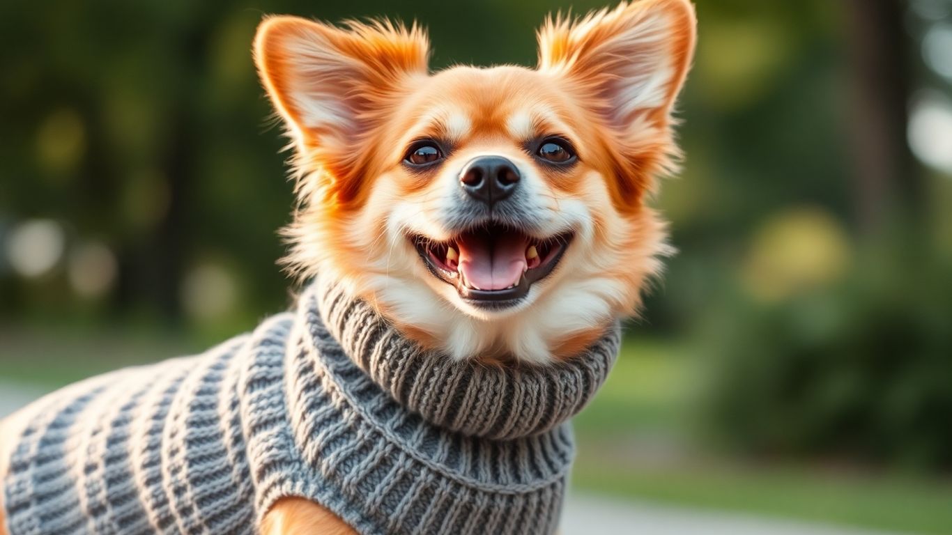 Dog wearing a stylish, sustainable sweater outdoors.