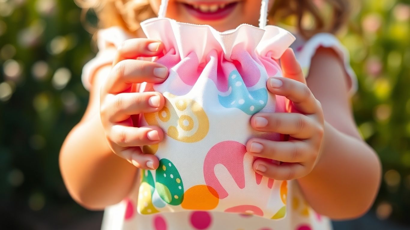 Child holding a colorful Easter egg bag