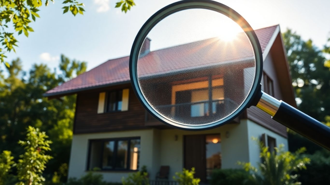 Casa con lupa sobre el tejado, detalles resaltados.