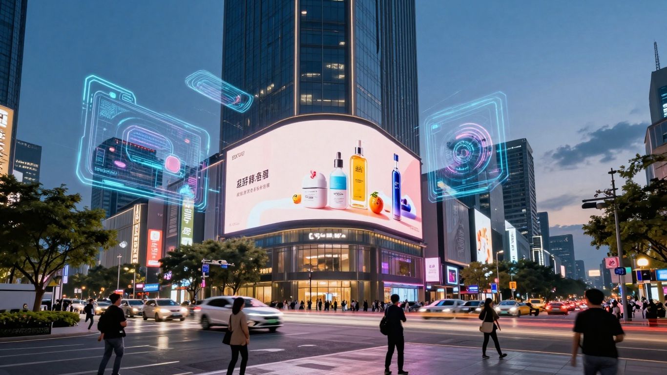 Futuristic cityscape with holographic AR advertisements.