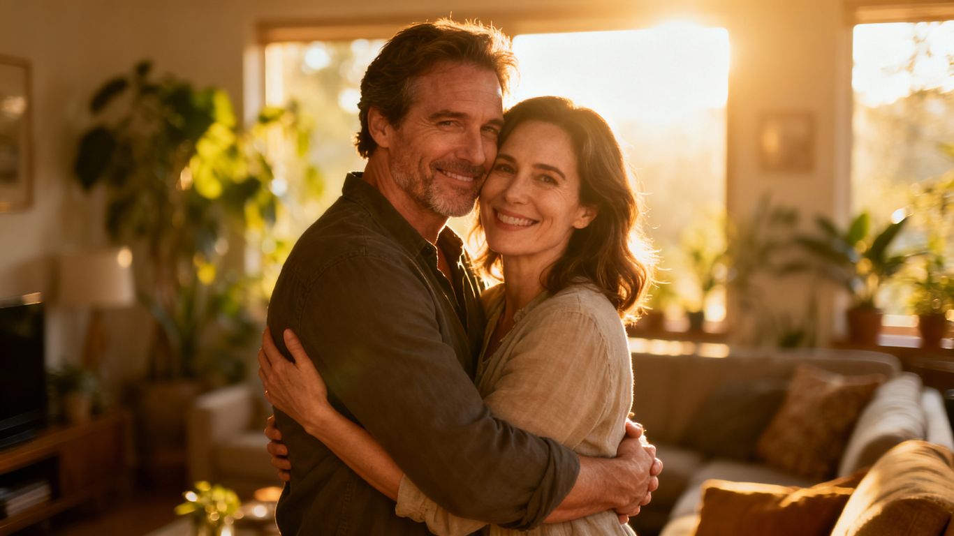 Couple embracing, showing lasting love and happiness.