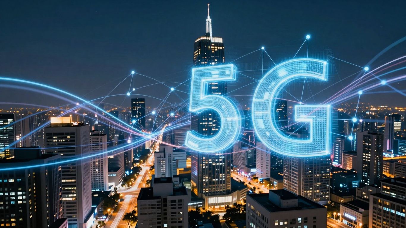 Oraș futurist conectat prin semnale digitale 5G.