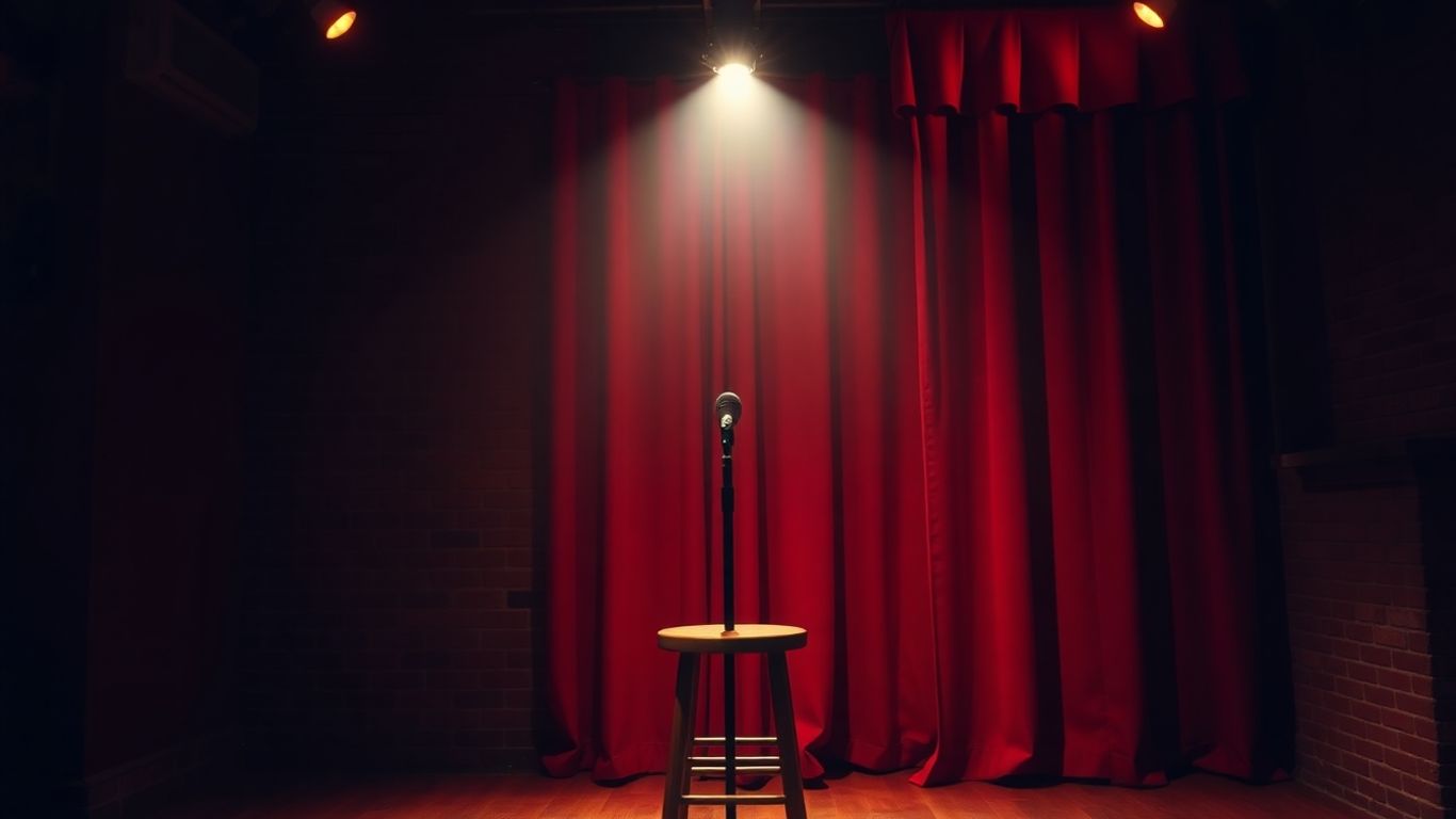 Empty comedy club stage with microphone and stool