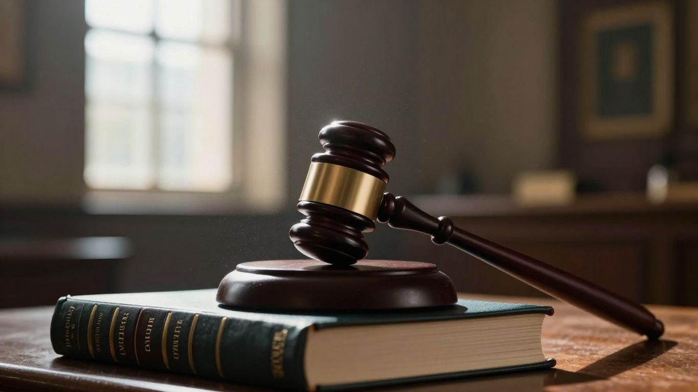Gavel on law books in a sunlit room.