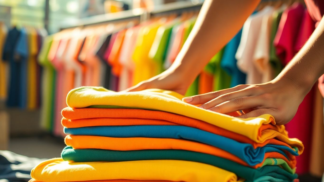 Hands arranging colorful t-shirts in a store.