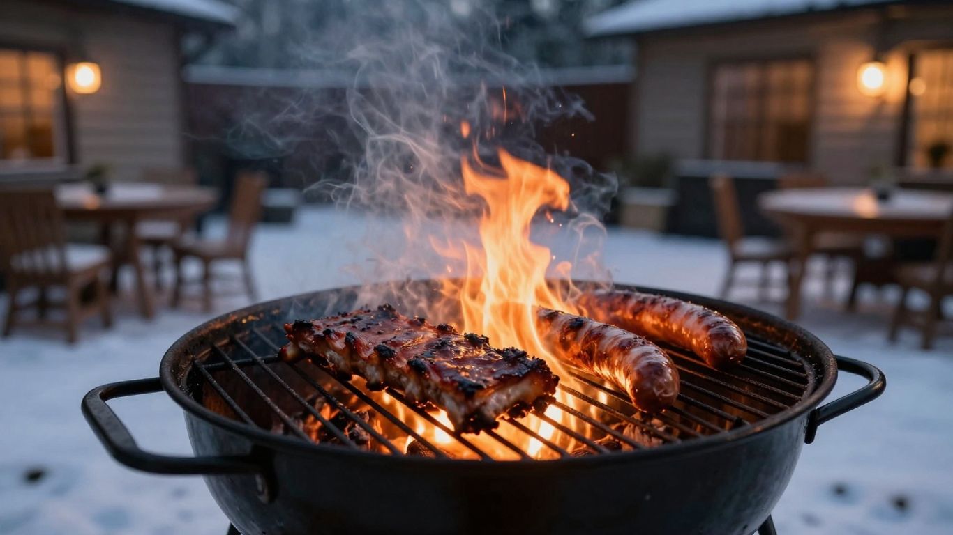Winter BBQ with smoky ribs and sausages on a snowy night.