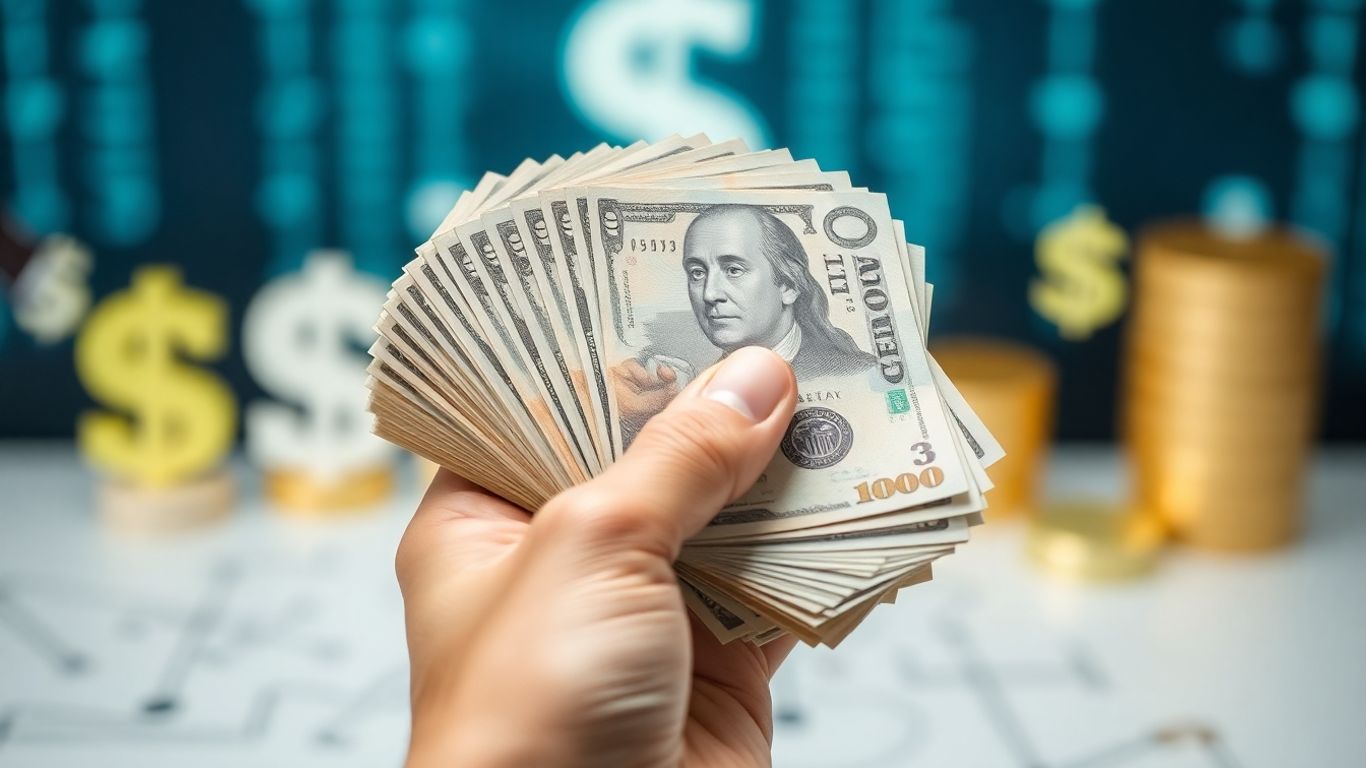 Financial concept with money and abstract symbols.