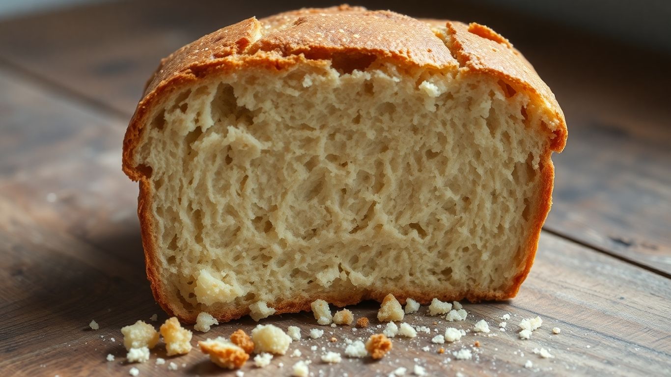Collapsed gluten-free bread loaf with crumbs.