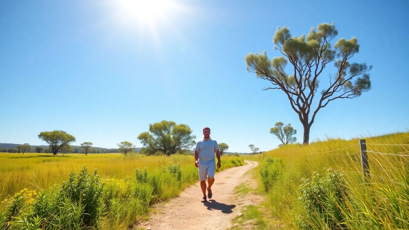 Person walking on Australian path, sunny day.