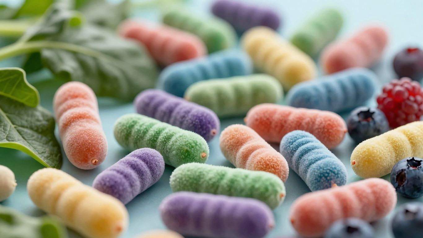 Microbiota intestinal e alimentos saudáveis em close-up.