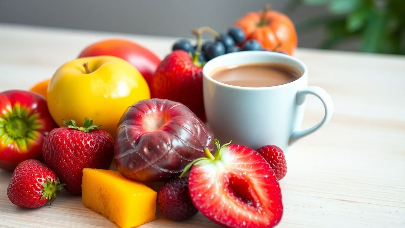 Healthy Dunkin' Donuts breakfast options with fruits and coffee.