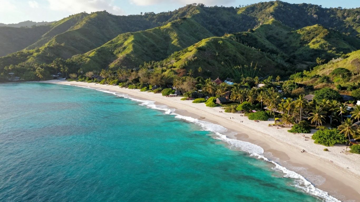 Pristine Sumba Island coastline with turquoise waters and green hills.