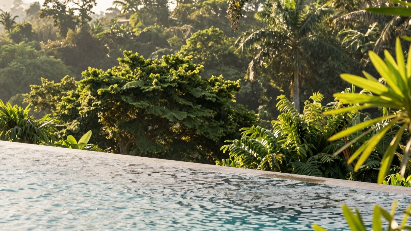 Infinity pool overlooking jungle at a wellness resort.