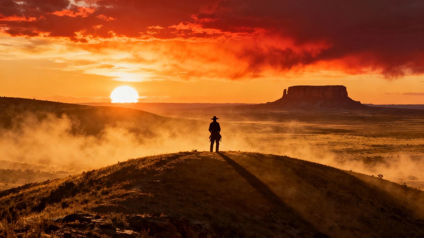 Cowboy silhouetted against a Western sunset.