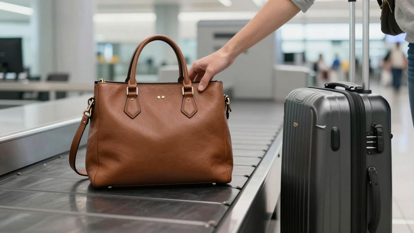 Handtasche neben Koffer am Flughafen
