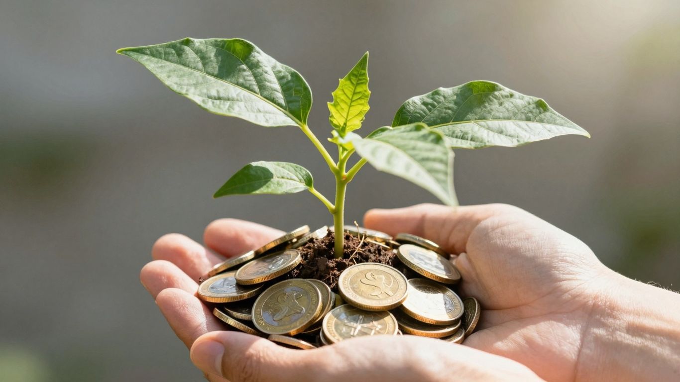 Plant growing golden coins, symbolizing financial growth.