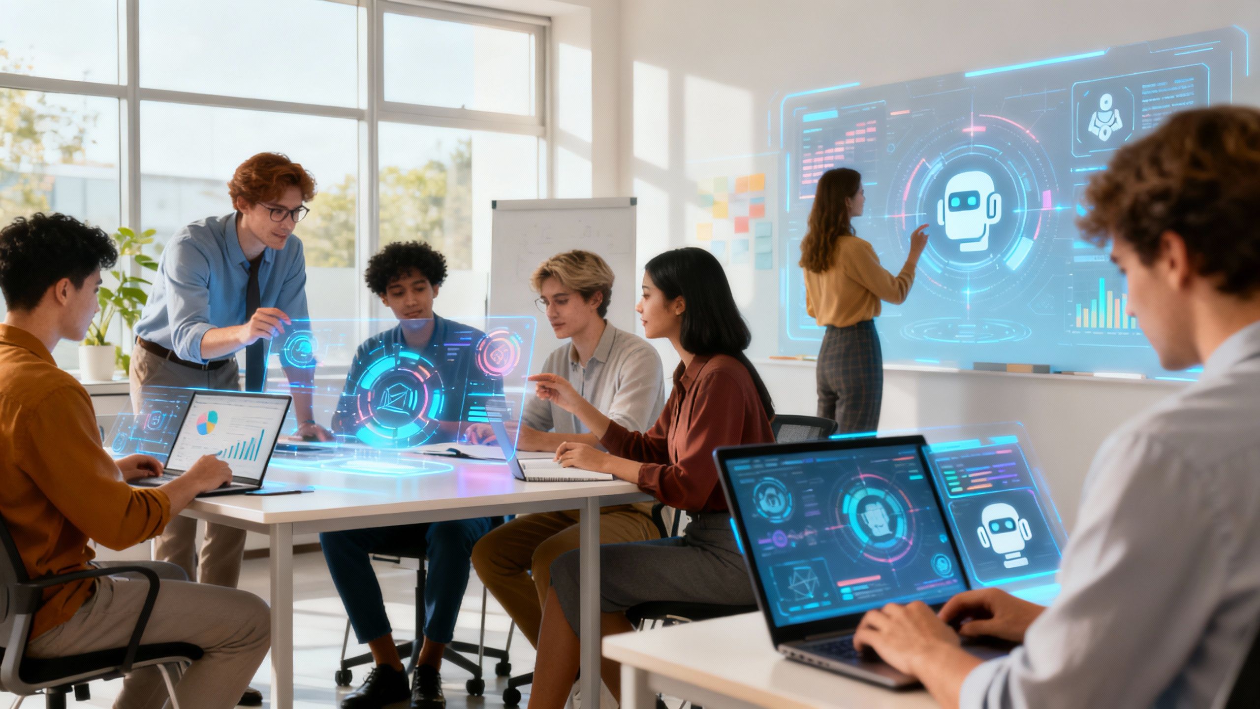 Workers learning and collaborating in an AI-driven future.